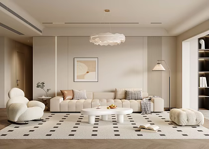 Modern Living Room Multi-person Sofa Single-person Sofa Floor Lamp Chandelier Hanging Painting Green Plant 3d model