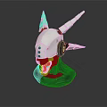 Sci Fi Weapon Helmet Sculpture With White Horns Red Open Mouth And Black Base