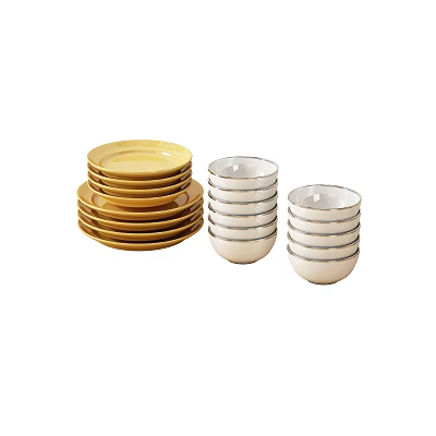 Modern Dinnerware Set With Stacked Yellow Plates And White Striped Bowls 3d model