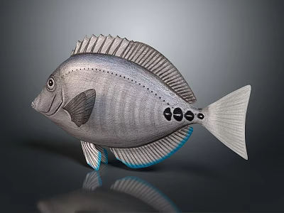 Gray Striped Tropical Fish With Black Spots And Blue Edged Fins On Dark Surface 3d model