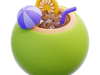 Refreshing Green Coconut Cup Drink with Ice Cubes Purple Straw Lemon Slice and Umbrella 3d model
