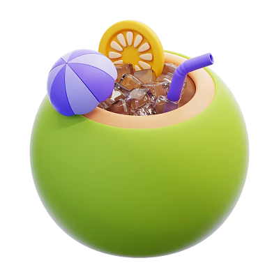 Refreshing Green Coconut Cup Drink with Ice Cubes Purple Straw Lemon Slice and Umbrella 3d model