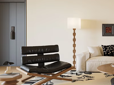 Black Leather Accent Chair With Wooden Frame In Living Room Beige Sofa And Floor Lamp 3d model