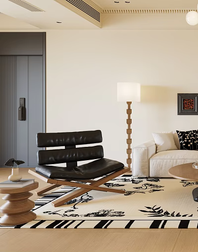 Black Leather Accent Chair With Wooden Frame In Living Room Beige Sofa And Floor Lamp 3d model