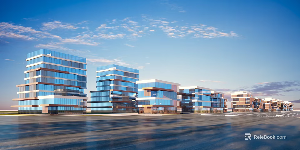 Modern Commercial Street with Tall Buildings Glass Curtain Walls Blue Sky and Wide Road 3d model 