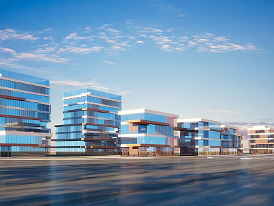 Modern Commercial Street with Tall Buildings Glass Curtain Walls Blue Sky and Wide Road 3d model