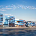 Modern Commercial Street with Tall Buildings Glass Curtain Walls Blue Sky and Wide Road