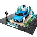 Blue New Energy Vehicle Display with Green Signage and Person at Exhibition Platform