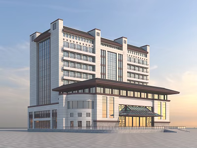 Modern Multi Storey Hospital Building With Glass Curtain Walls White Facade And Traditional Roof Design 3d model