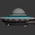 Turquoise Flying Saucer Model With Silver Dome And Yellow Glowing Base On Reflective Black Surface