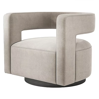 Modern Light Gray Fabric Accent Chair With Curved Armrests And Round Black Base 3d model