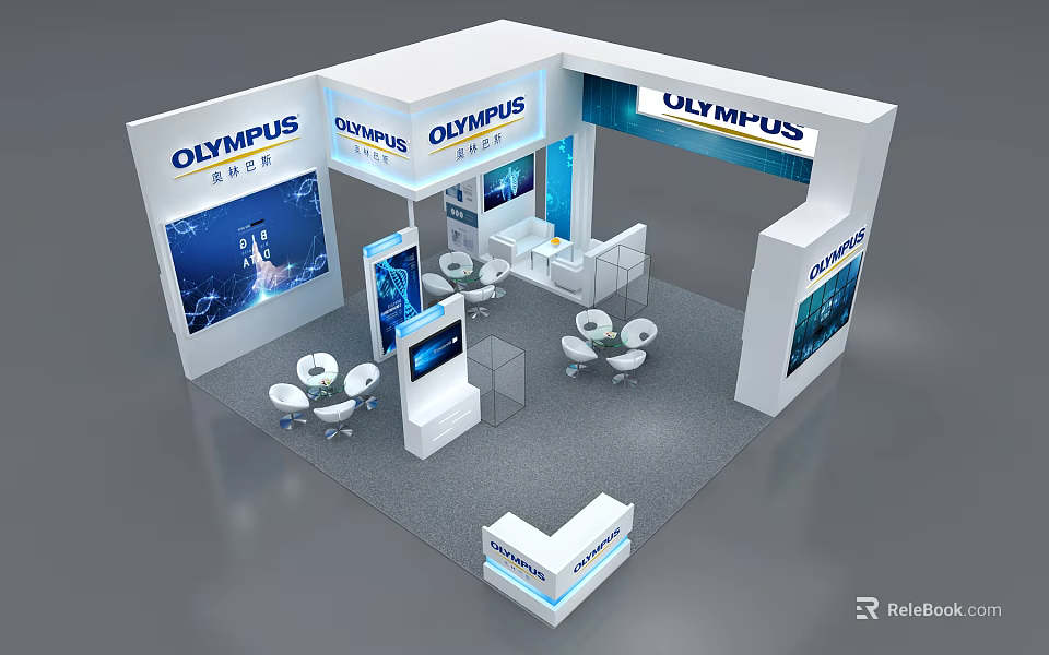 OLYMPUS Exhibition Booth With Modern White Design Display Screens Tables Chairs And Brand Logos 3d model 