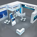 OLYMPUS Exhibition Booth With Modern White Design Display Screens Tables Chairs And Brand Logos