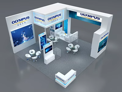 OLYMPUS Exhibition Booth With Modern White Design Display Screens Tables Chairs And Brand Logos 3d model