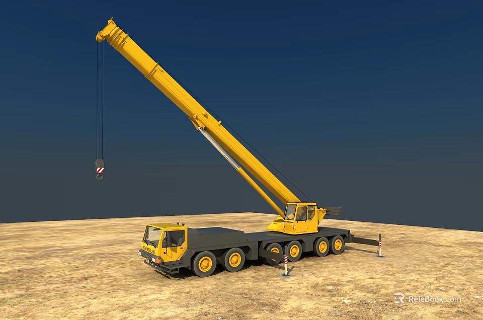 Yellow Crane Truck With Extended Boom Parked On Sandy Ground Under Blue Sky 3d model 