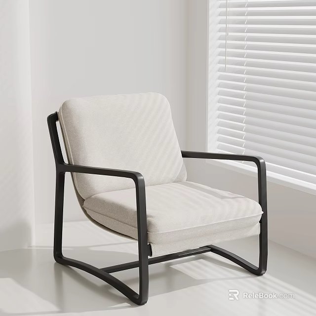 Beige Fabric Accent Chair With Black Metal Frame In White Room With Window Blinds 3d model 