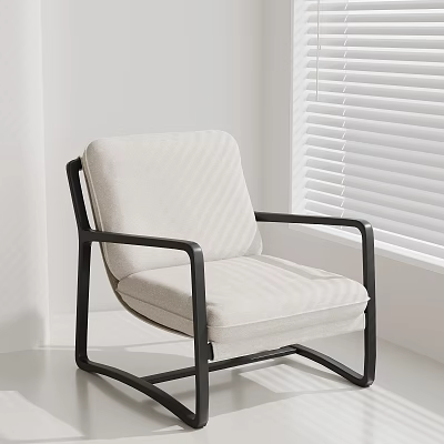 Beige Fabric Accent Chair With Black Metal Frame In White Room With Window Blinds 3d model