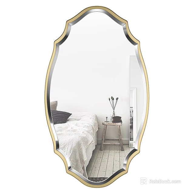 Gold Framed Scalloped Mirror Reflecting Bedroom With Bed Nightstand And Vase 3d model 