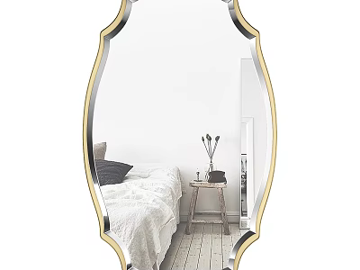 Gold Framed Scalloped Mirror Reflecting Bedroom With Bed Nightstand And Vase 3d model