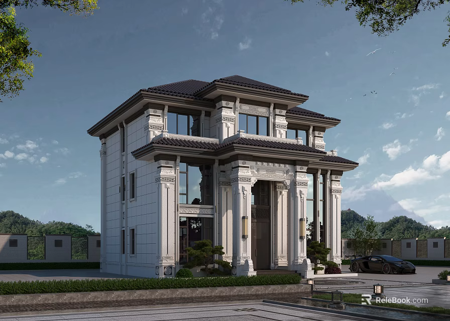 Elegant Two Story Detached Villa with White Facade Dark Roof Grand Pillars and Lush Greenery 3d model 