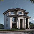 Elegant Two Story Detached Villa with White Facade Dark Roof Grand Pillars and Lush Greenery