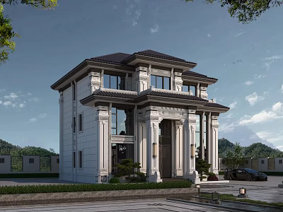 Elegant Two Story Detached Villa with White Facade Dark Roof Grand Pillars and Lush Greenery 3d model