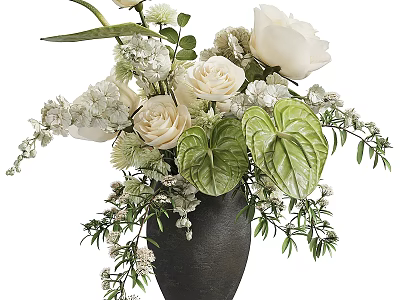Floral Arrangement in Black Vase With White Roses Green Leaves And Small Flowers 3d model