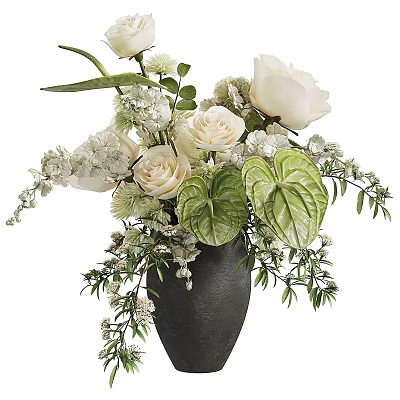 Floral Arrangement in Black Vase With White Roses Green Leaves And Small Flowers 3d model