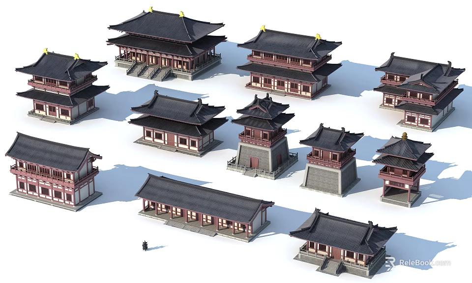 Traditional Chinese Ancient Architecture With Classical Roofs Red Walls And Multi Tiered Pavilions 3d model 