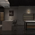 Modern Boutique Store Interior With Marble Counter Display Shelves And Hanging Pendant Lamp