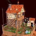 Cartoon Scenic Floating House on Hot Air Balloon with Red Roof Ladder and Smoking Chimney