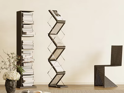 Stylish Black Vertical Bookcase With Stacked Books And Spiral Glass Shelf In Modern Room 3d model