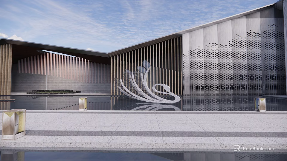 Modern Streamlined Landscape Sculpture Before Contemporary Building With Water Pool Reflection 3d model 