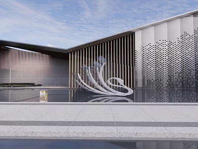Modern Streamlined Landscape Sculpture Before Contemporary Building With Water Pool Reflection 3d model