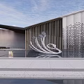 Modern Streamlined Landscape Sculpture Before Contemporary Building With Water Pool Reflection