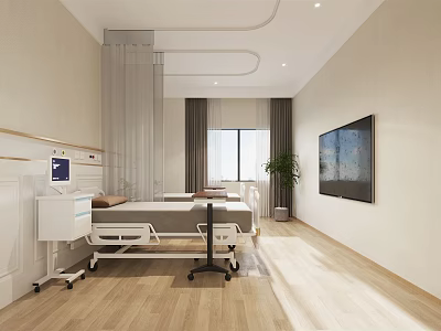 Hospital Outpatient Room Interior With Hospital Bed Medical Cart TV Plant And Window Curtains 3d model