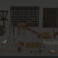 Wooden Scene Components Featuring Fence Panels Ladders Platforms Carts And Crates