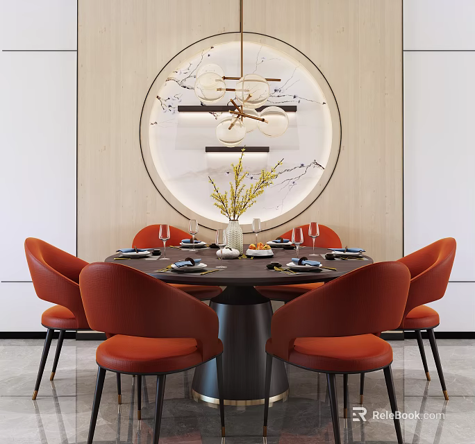 Elegant Round Dining Table Set with Orange Chairs Tableware Yellow Flower Vase and Circular Decor 3d model