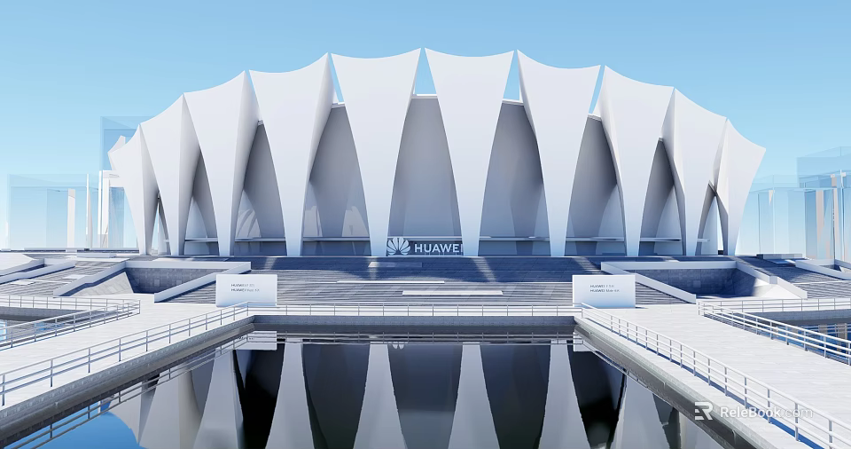 Xiamen Olympic Sports Center Modern Architectural Design With White Roof And Water Reflection 3d model 