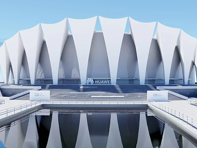 Xiamen Olympic Sports Center Modern Architectural Design With White Roof And Water Reflection 3d model