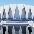 Xiamen Olympic Sports Center Modern Architectural Design With White Roof And Water Reflection