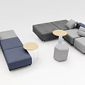 Modern Casual Sofa Set With Gray Blue Modules Round Coffee Tables And Cube Stools 3d model