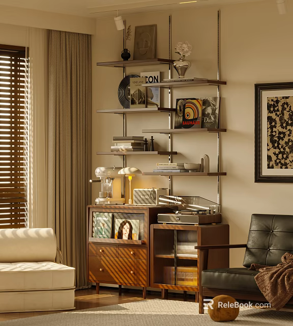 Stylish Living Room Decorative Cabinet With Display Shelves Books And Decor Items 3d model 