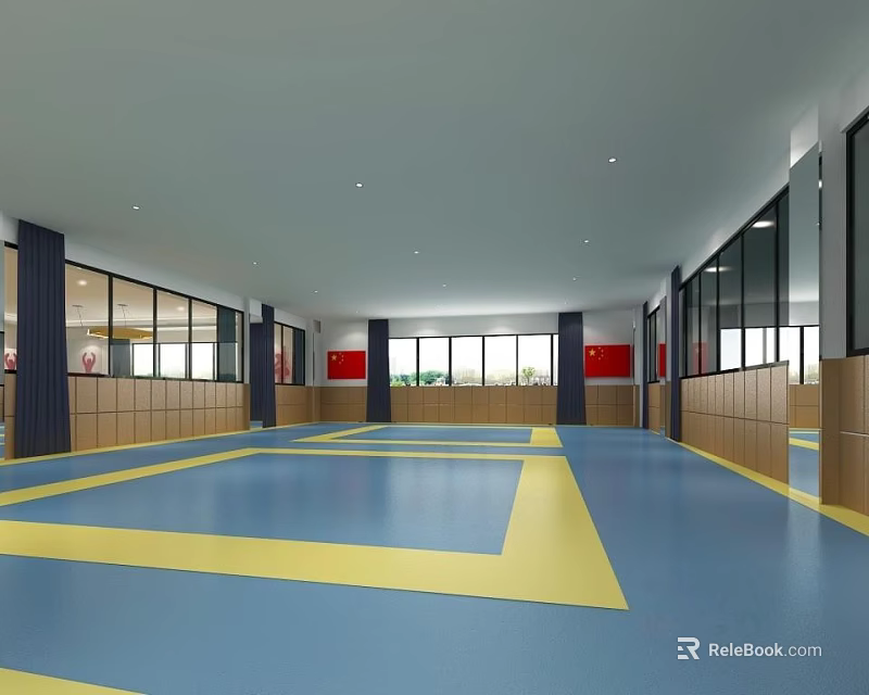 Spacious Sports Fitness Studio With Blue Yellow Floor Large Windows And Wooden Paneling 3d model 