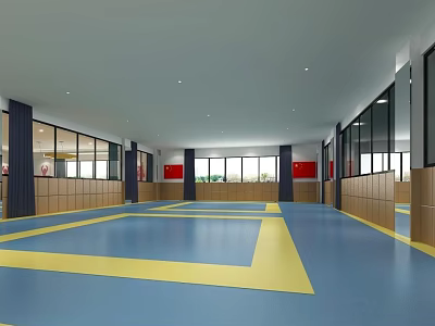 Spacious Sports Fitness Studio With Blue Yellow Floor Large Windows And Wooden Paneling 3d model