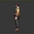 Man With Mechanical Arm Holding Glowing Device Wearing Brown Jacket And Green Pants Patch Standing