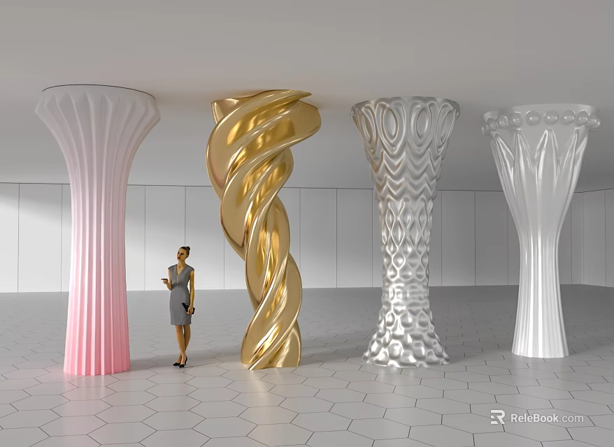 Modern Decorative Columns with Various Designs Pink Gold Silver White Colors in Interior Display Space 3d model 