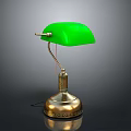 Green Table Lamp With Ornate Brass Base And Curved Glass Shade