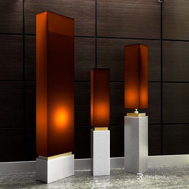 Three Modern Floor Lamps With Warm Orange Light Silver Bases On Dark Wooden Wall Background 3d model 