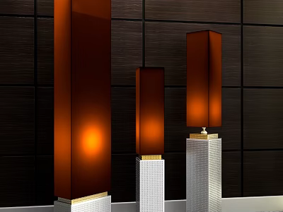 Three Modern Floor Lamps With Warm Orange Light Silver Bases On Dark Wooden Wall Background 3d model